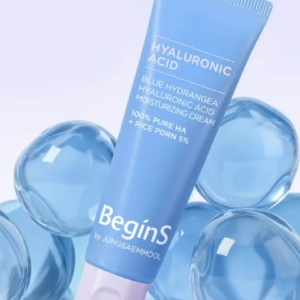BeginS by JUNGSAEMMOOL Blue Hydrangea Hyaluronic Acid Moisturizing Cream closeup details shot tales beauty doha qatar