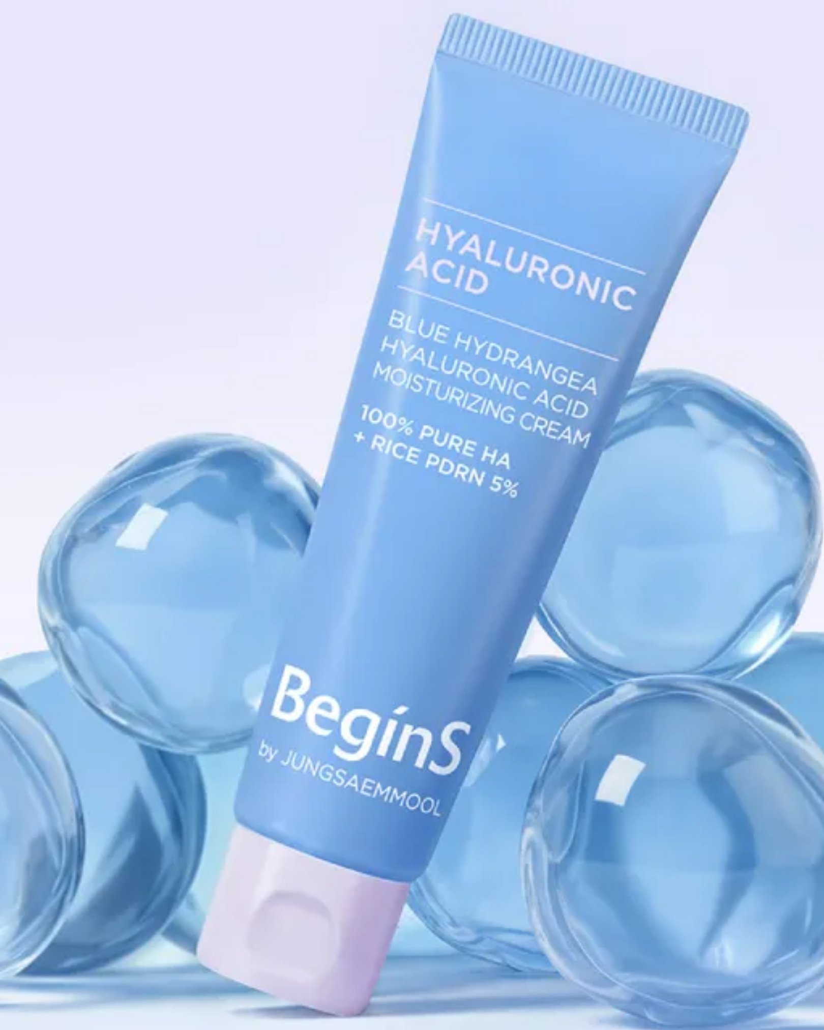 Blue Hydrangea Hyaluronic Acid Moisturizing Cream Closeup Details BeginS by JUNGSAEMMOOL Blue Hydrangea Hyaluronic Acid Moisturizing Cream closeup details shot tales beauty doha qatar