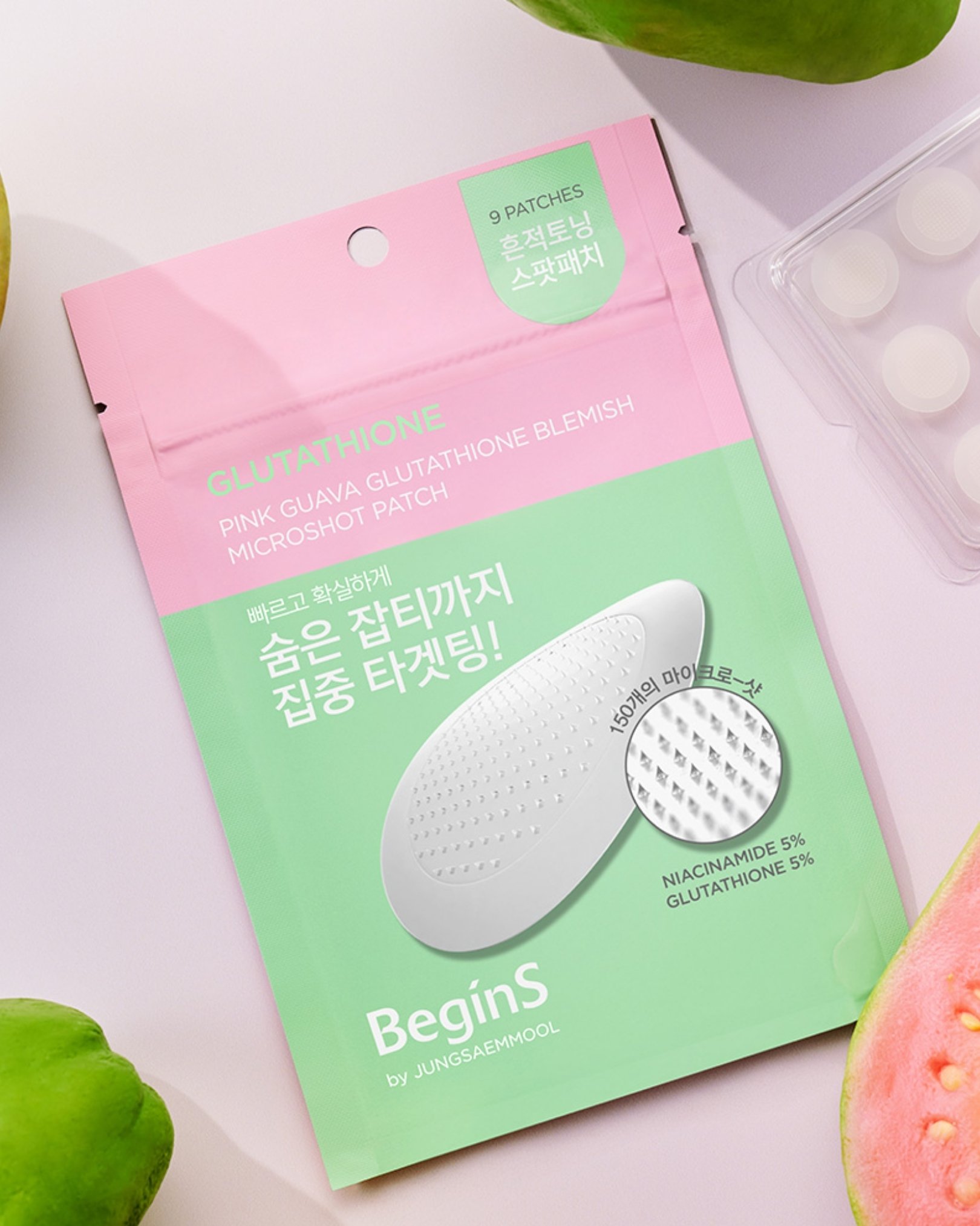 Pink Guava Glutathione Blemish Microshot Patch Details BeginS by JUNGSAEMMOOL Pink Guava Glutathione Blemish Microshot Patch Packaging Closeup Detail Shot Doha Qatar Tales Beauty